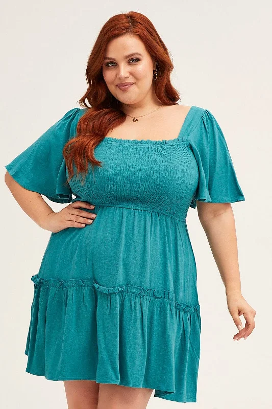 Green Short Sleeve Shirred Skater Dress