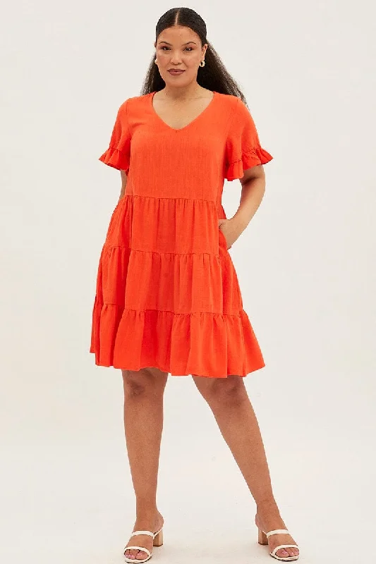 Orange Short Sleeve Linen Blend V-neck Smock Dress