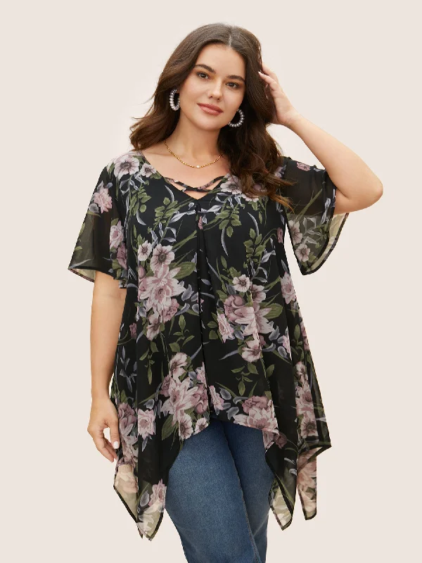 Chiffon Floral Crisscross Hanky Hem Blouse