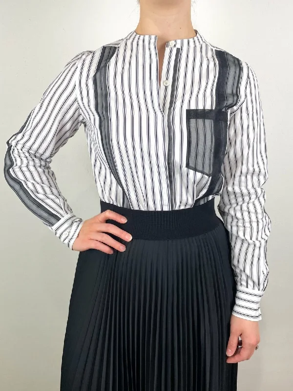 Classic Tailored Band Collar Shirt W/Organza in White Midnight Stripe