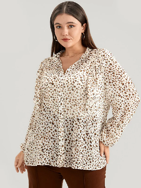 Leopard Mesh Ruffle Trim Button Up Blouse