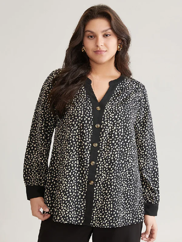 Leopard Print Button Through Notched Blouse