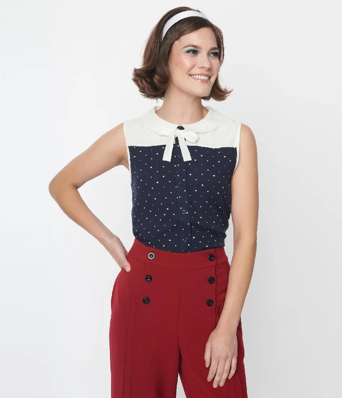 Navy & Ivory Pin Dot Bow Top