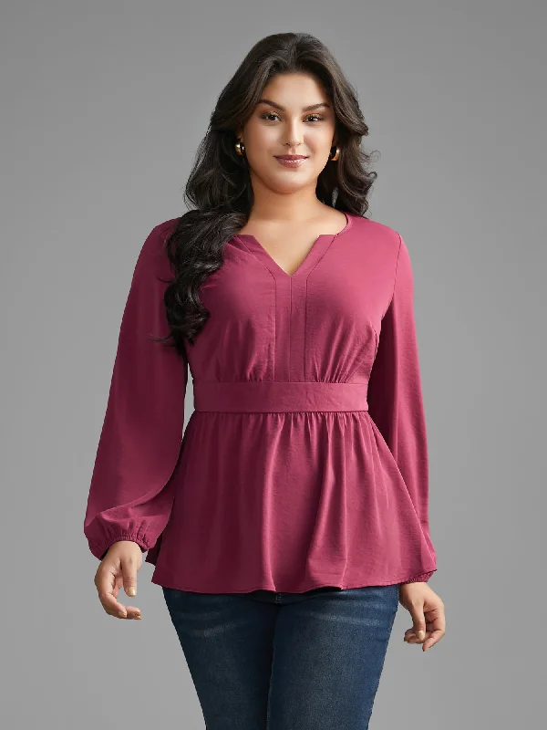 Notched Collar Gathered Lantern Sleeve Blouse