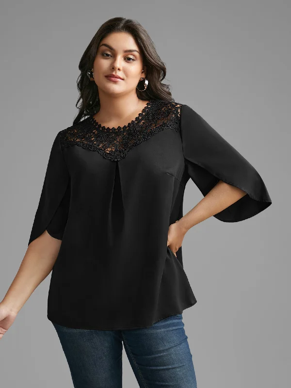 Static-Free Lace Patchwork Pleated Petal Sleeve Blouse