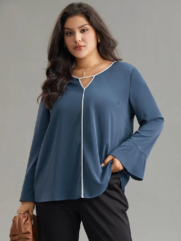 Two Tone Keyhole Bell Sleeve Blouse