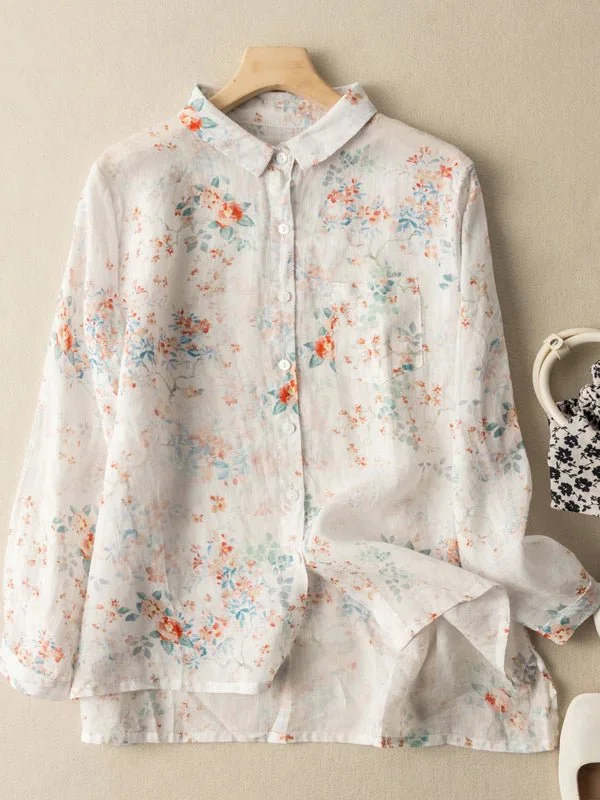 Ramie Floral Print Long Sleeve Button Down Casual Shirt